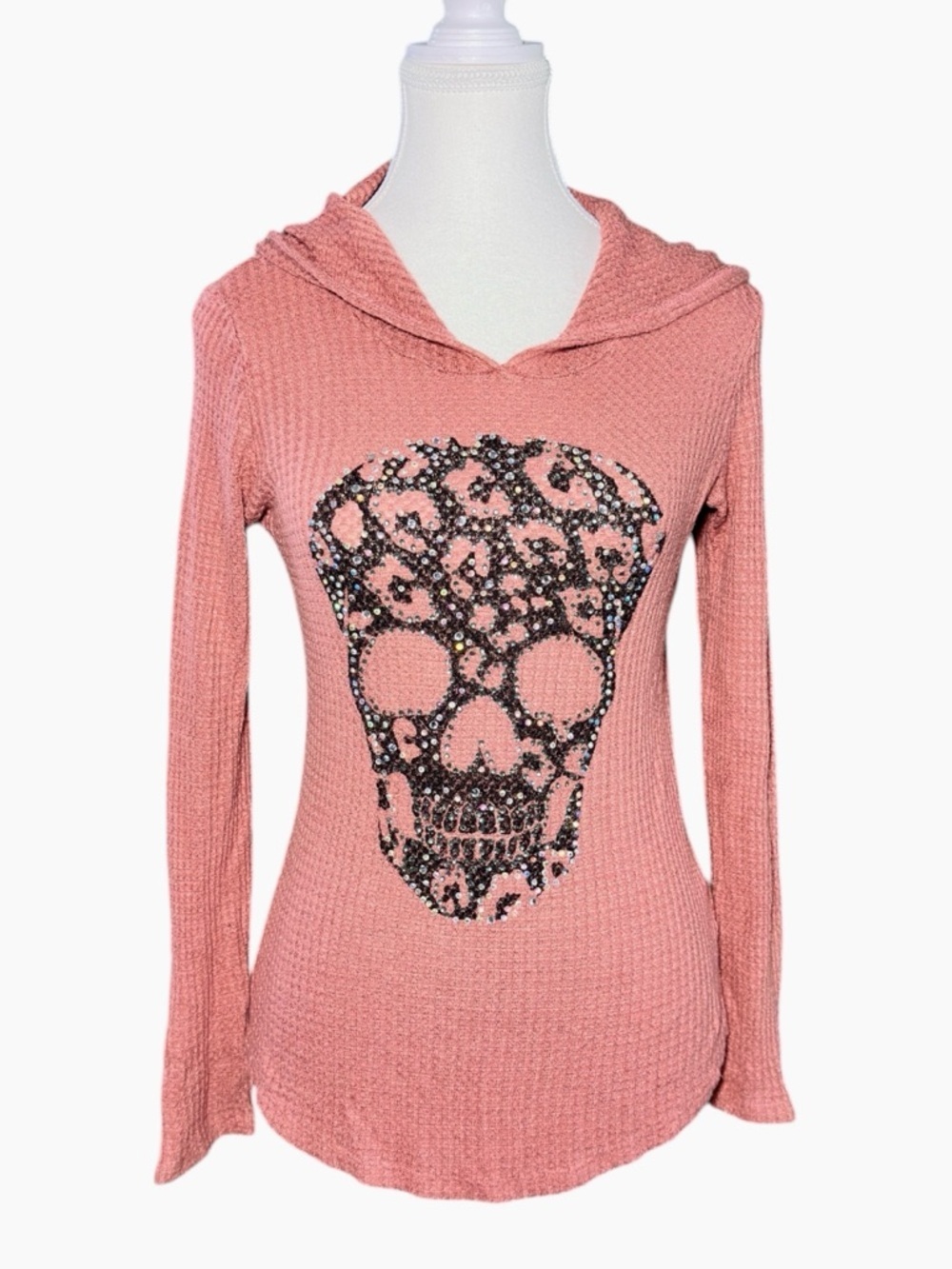 Be Vocal Pink Rhinestone Leopard Skull Hooded Top – Size L